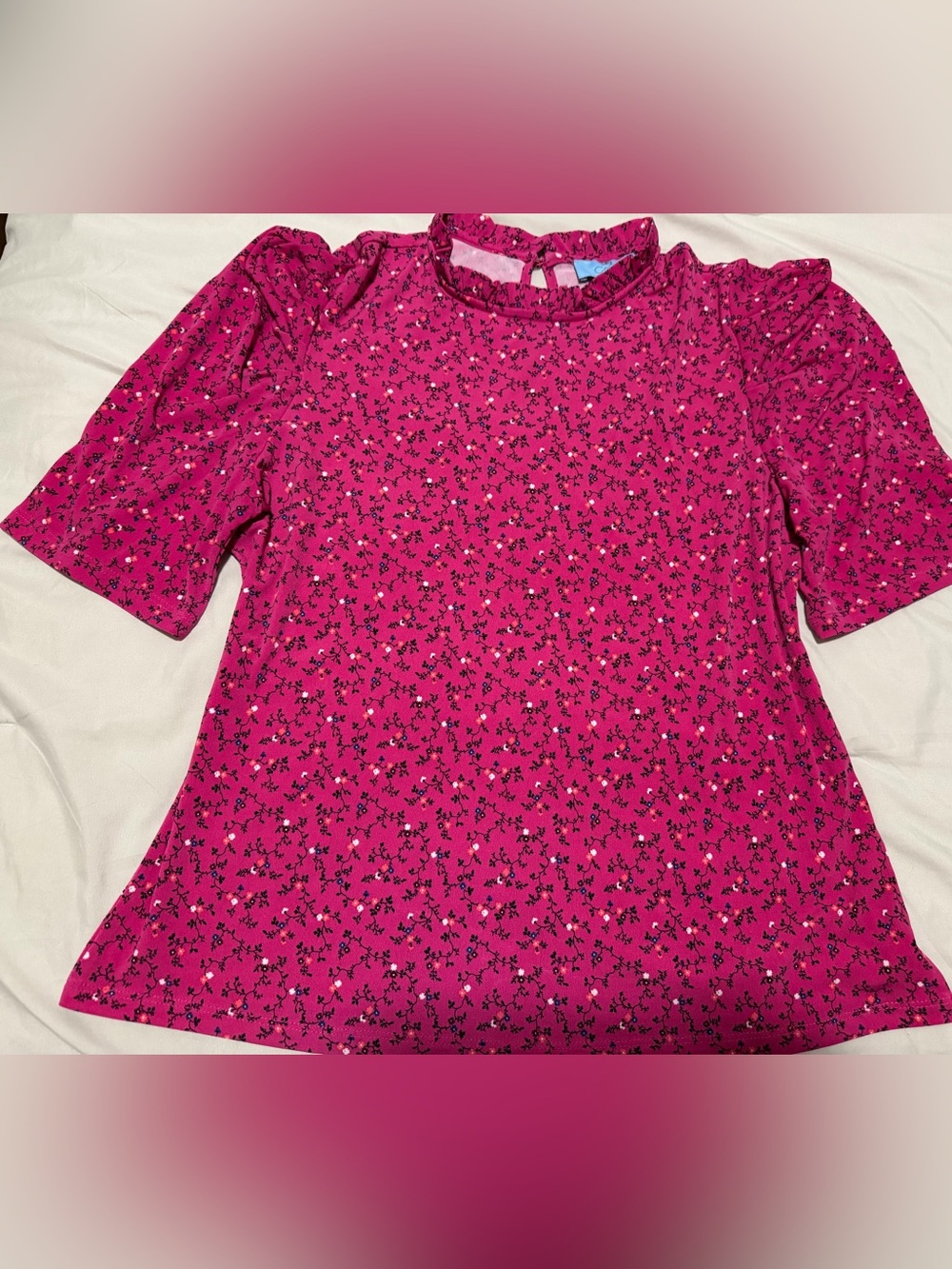 CeCe Fuchsia Floral Mock Neck Short Sleeve Top